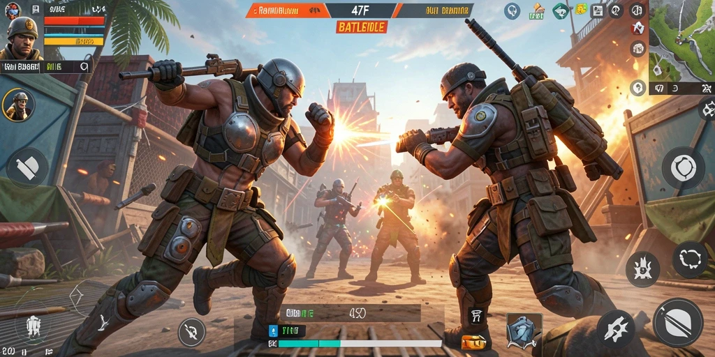 Tangkapan layar utama 47F menampilkan aksi pertarungan intens Battle Royale.