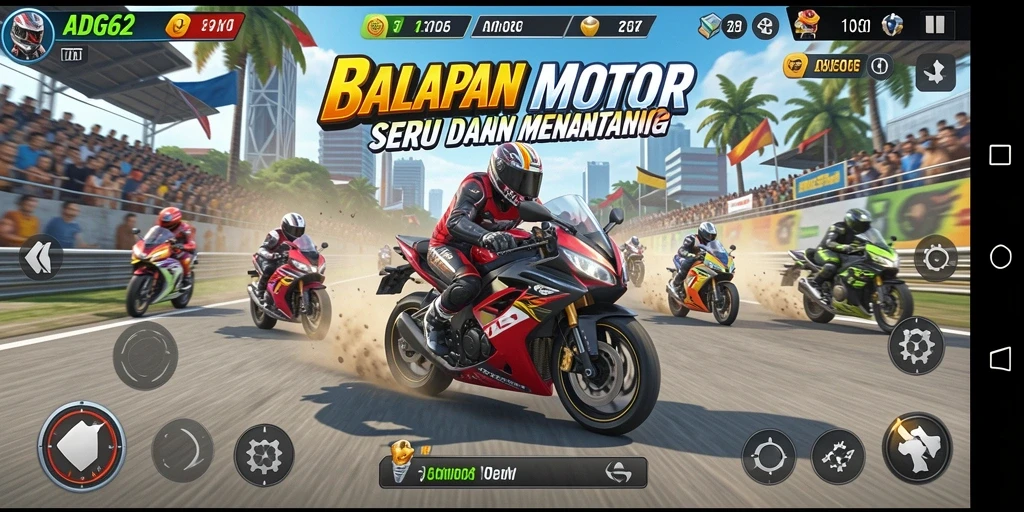 Tampilan gameplay seru di ADG62 dengan berbagai motor balap.