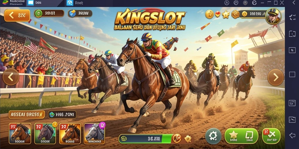 Tampilan gameplay <strong>KINGSLOT</strong> yang mendebarkan dengan mobil balap di lintasan.