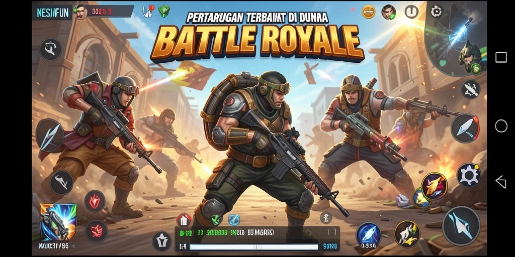 Tangkapan layar NESIAFUN: menampilkan aksi pertempuran intens di arena Battle Royale.