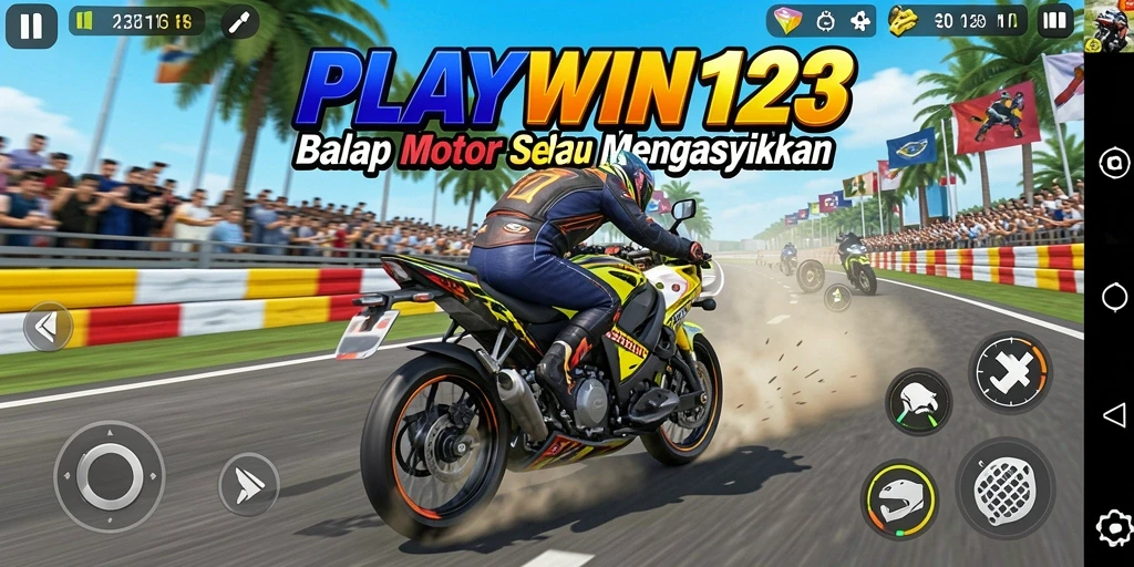 Tampilan gameplay seru dari PLAYWIN123 dengan balapan motor yang mendebarkan.