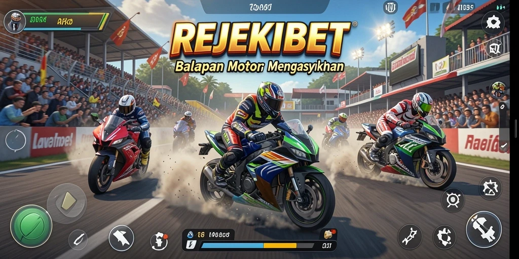 Screenshot utama REJEKIBET menampilkan balapan motor yang seru dan penuh aksi.