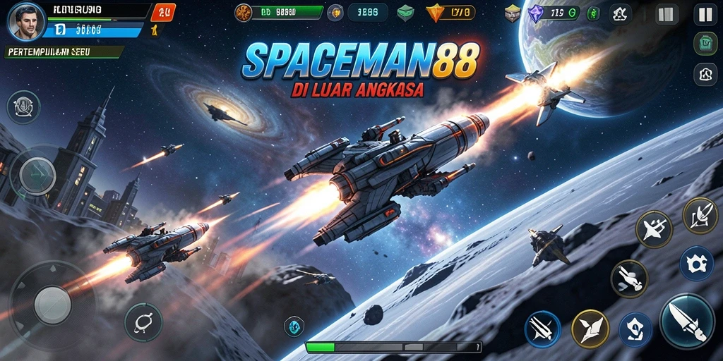 Tampilan gameplay seru SPACEMAN88 dalam pertempuran luar angkasa.